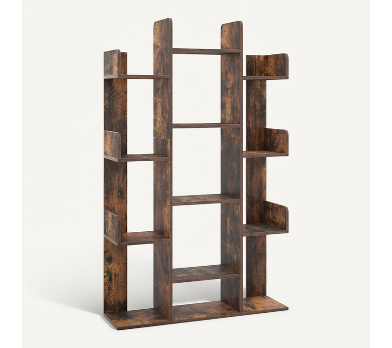 Bibliothèque, Étagère En Forme D'arbre 141 Cm, 13 Étagères Ouvertes D'angle Décorative Marron