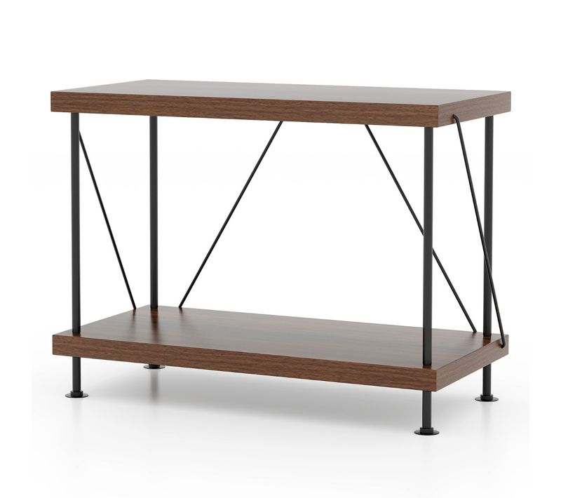 Etagère à 2 Niveaux, Bibliothèque, Meuble De Rangement Industriel Autoportante Cadre En Métal Noyer