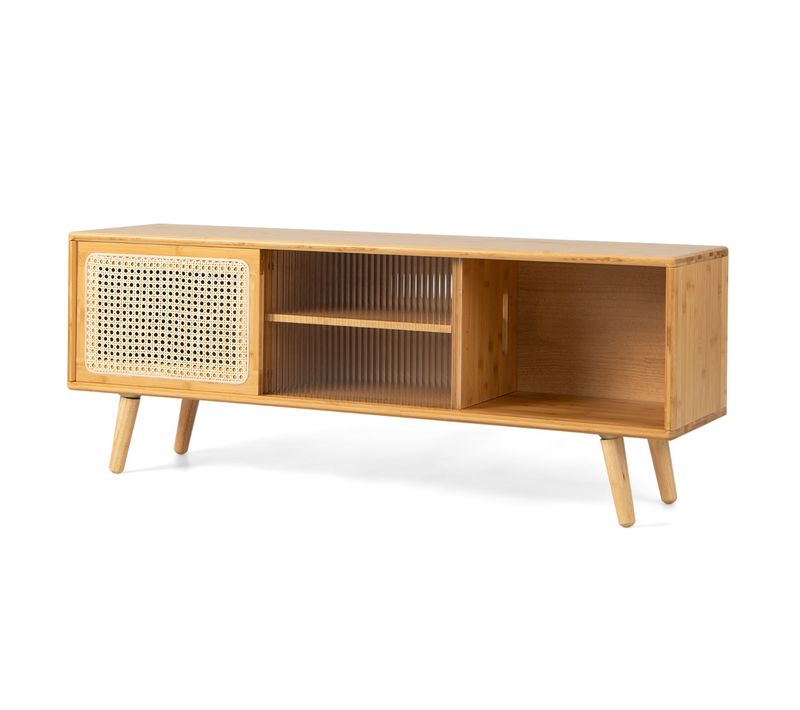 Meuble TV Banc TV à 4 Pieds Avec Portes Coulissantes 120,5x31x45,5cm Bambou