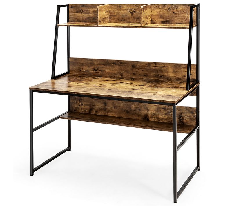 Bureau D'ordinateur Bureau D'étude Avec Niche Et Bibliothèque 120x57x140cm Café