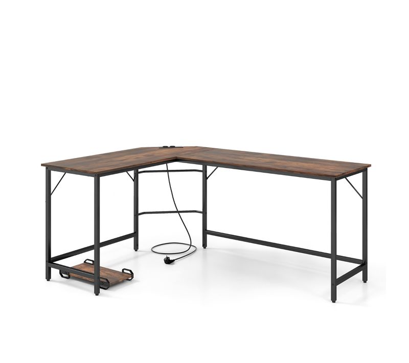 Bureau D'angle Bureau D'ordinateur Bureau D'étude Avec Prise De Courant Et Support Uc Métal Marron