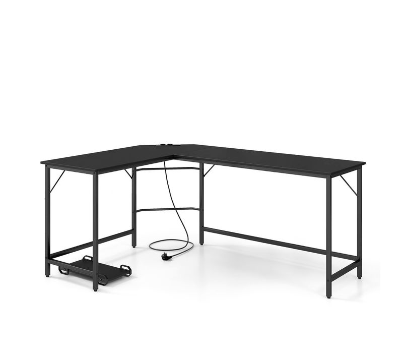 Bureau D'angle Bureau D'ordinateur Bureau D'étude Avec Prise De Courant Et Support Uc Métal Noir