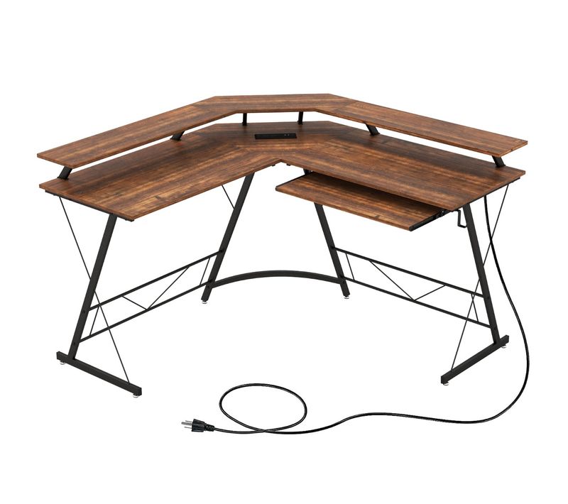 Bureau D'angle, Bureau D'ordinateur, Bureau D'étude Avec Prise De Courant 130x130x86cm Marron