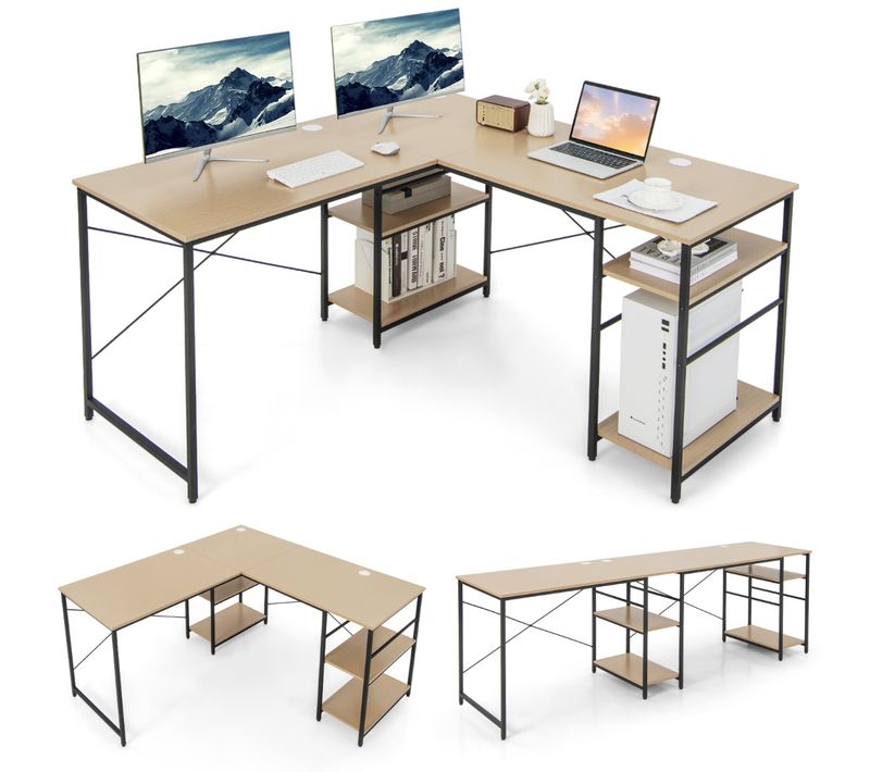 Bureau D'angle, Bureau D'ordinateur, Bureau D'étude 151 X 151 X 75 Cm Avec 4 Etagères Naturel