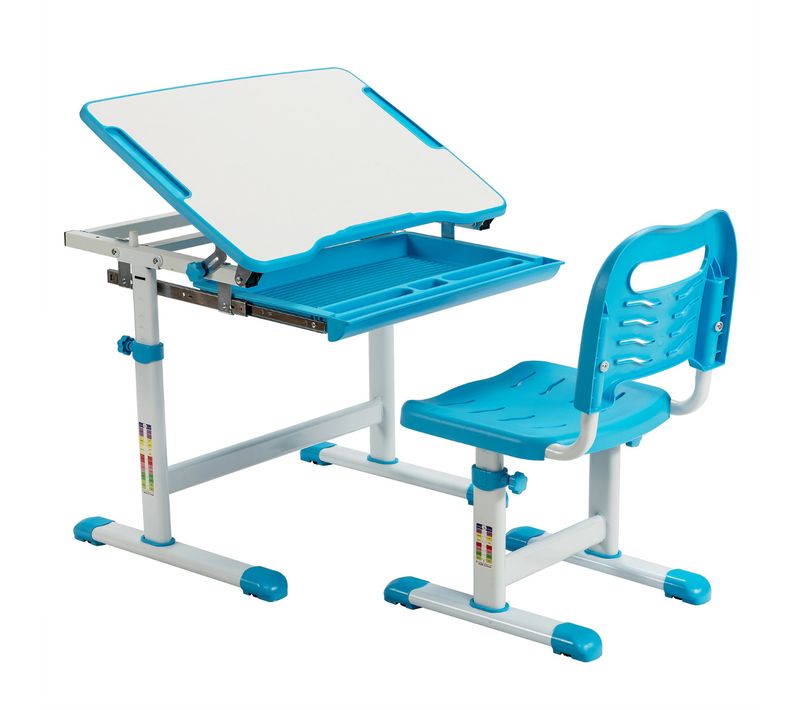 Bureau Enfant Avec Chaise Inclinable Ensemble Table Et Chaise Hauteur Réglable 66x50x52-77,5cm Bleu