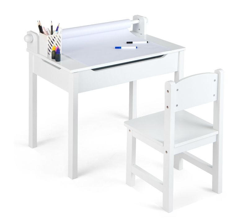 Ensemble Bureau Enfants Et Tabouret, Bureau D'étude Plateau Rabattable 60x40x58cm Blanc