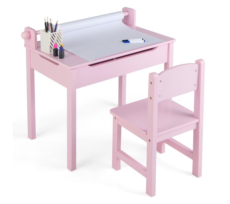 Ensemble Bureau Enfants Et Tabouret, Bureau D'étude Plateau Rabattable 60x40x58cm Rose