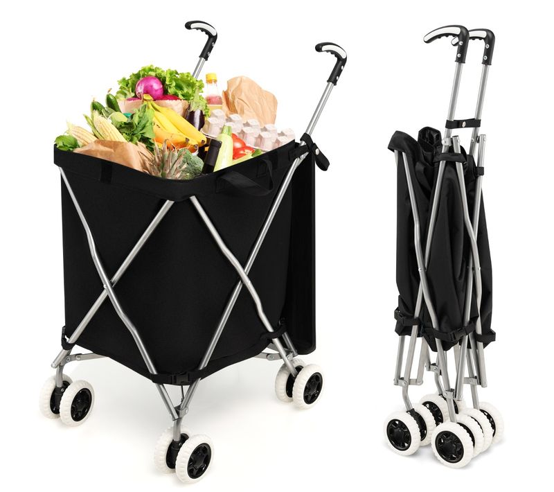 Chariot De Courses Pliable - Caddie 90l 4 Roues Freinage Et Direction Cadre En Acier Noir