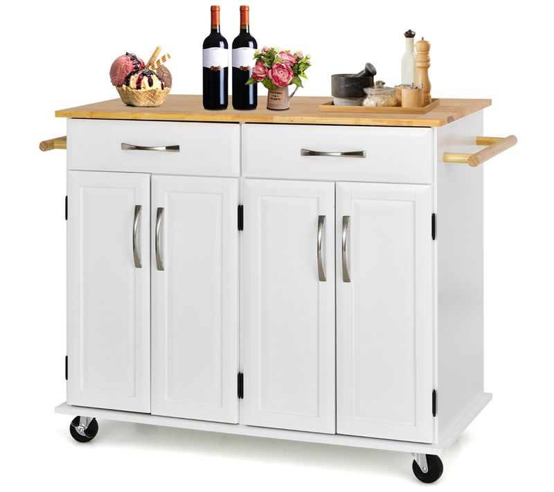 Chariot De Cuisine - Desserte à Roulettes 2 Tiroirs Étagères Réglables 122x48x93 Cm Blanc