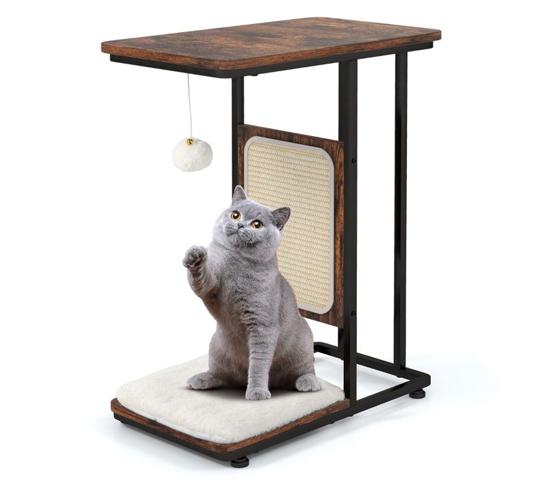 Arbre à Chat Tour à Chat Industriel 2 En 1 64cm Griffoir Pompon Suspendu Coussin Amovible Café