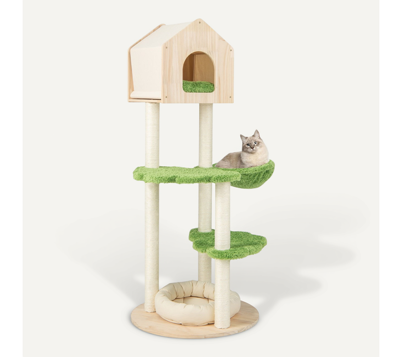 Arbre à Chat, Tour De Jeux Pour Chat 139 Cm Poteau Griffoir Condo Panier 2 Plate-forme Vert Bois