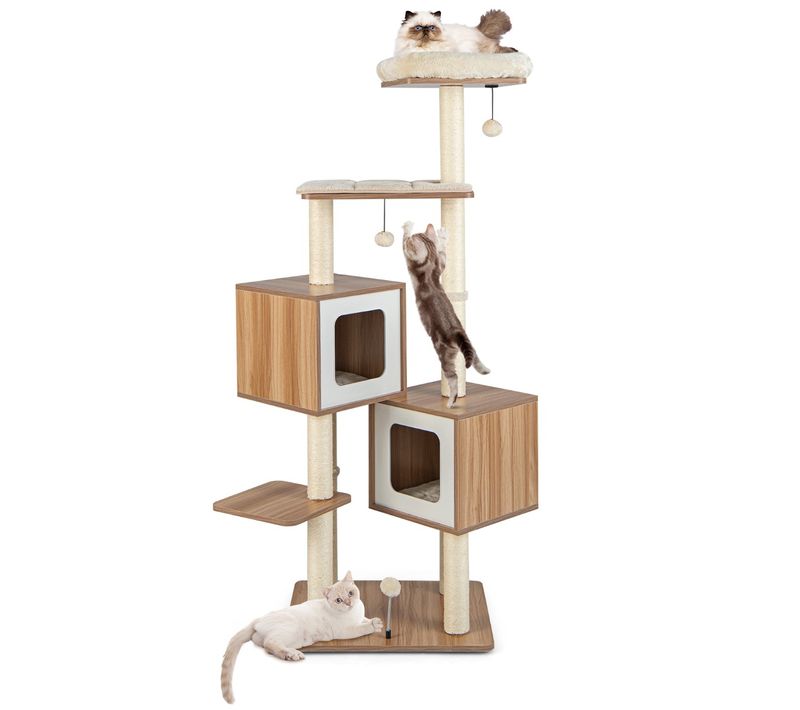 Arbre à Chat En Bois 163 Cm Avec 3 Plateformes Griffoirs Perchoir Coussins Lavables Naturel