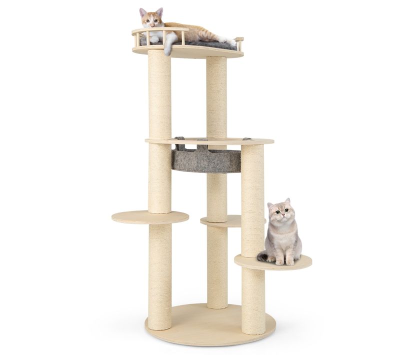 Arbre à Chat, Tour à Chat à 6 Niveaux Avec Perchoir Rembourré Hamac Griffoirs Gris 66x66x150cm