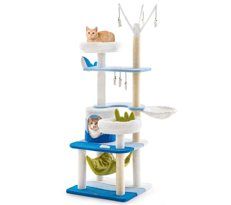 Arbre à Chat, Tour à Chat Sur Le Thème De L'océan Tour à Plusieurs Niveaux Jouets Suspendus Bleu