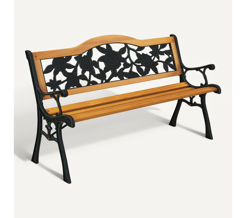Banc De Jardin, Banc D'extérieur, Banquette En Métal Moulé Avec Siège En Bois 126x52x76 Cm Noir