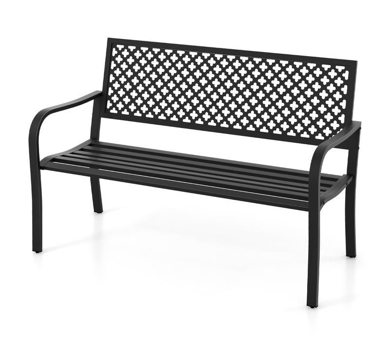 Banc De Jardin, Siège à Lattes, Chaise De Patio à 2 Places Avec Dossier Ajouré Moderne Métal Noir