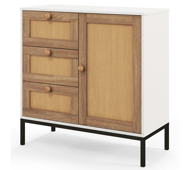 Buffet De Cuisine, Bahut, Meuble De Rangement, Avec 3 Tiroirs Pour Cuisine Salon Blanc Faux Rotin