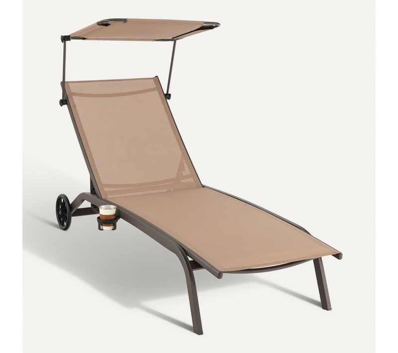 Transat, Bain De Soleil, Chaise Longue Inclinable à Dossier Avec Roues Auvent Réglable Café