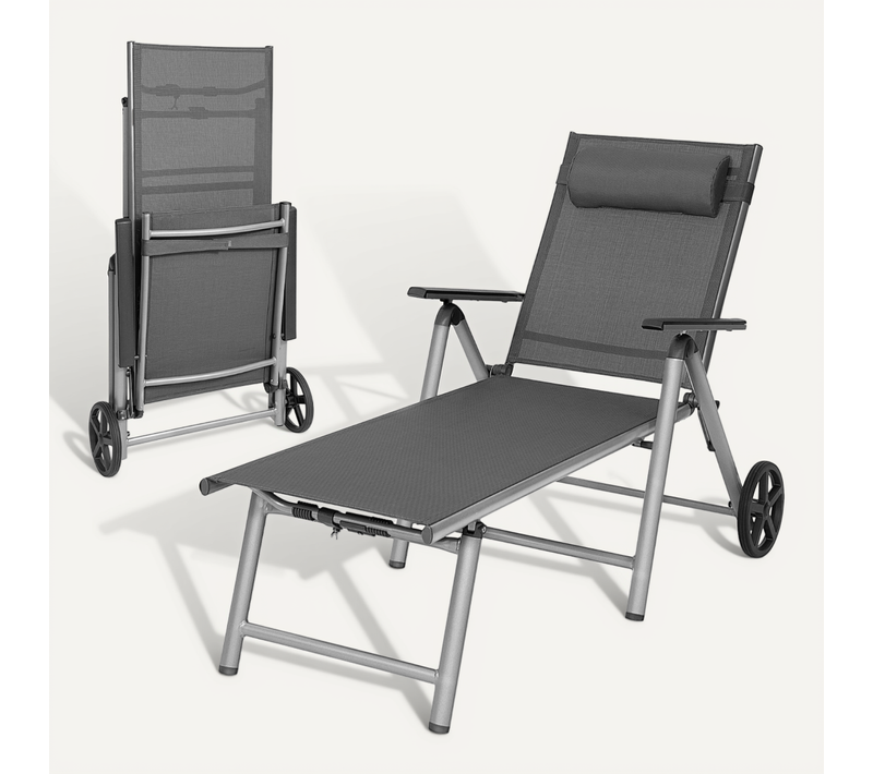 Transat, Bain De Soleil, Chaise Longue Inclinable Pliable Avec Roulettes Aluminium Noir