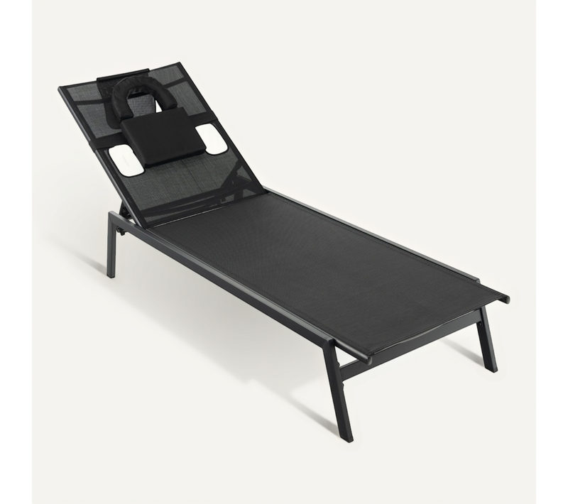 Transat, Bain De Soleil, Chaise Longue Avec 5 Positions De Dossier Appui-tête Amovible Fer Noir