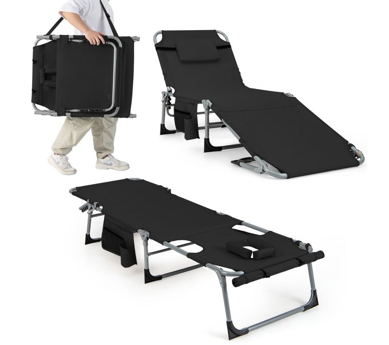 Transat, Bain De Soleil Pliant à 5 Positions Repose-pieds Réglables Trou Pour Le Visage Noir