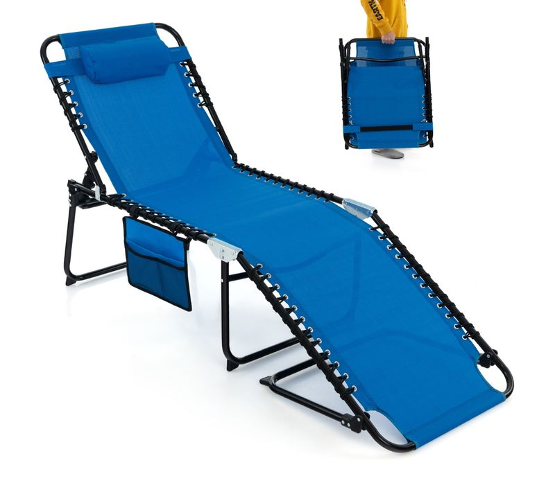 Transat Pliant, Bain De Soleil, Chaise Longue Réglable Avec Appuie-tête Amovible Bleu