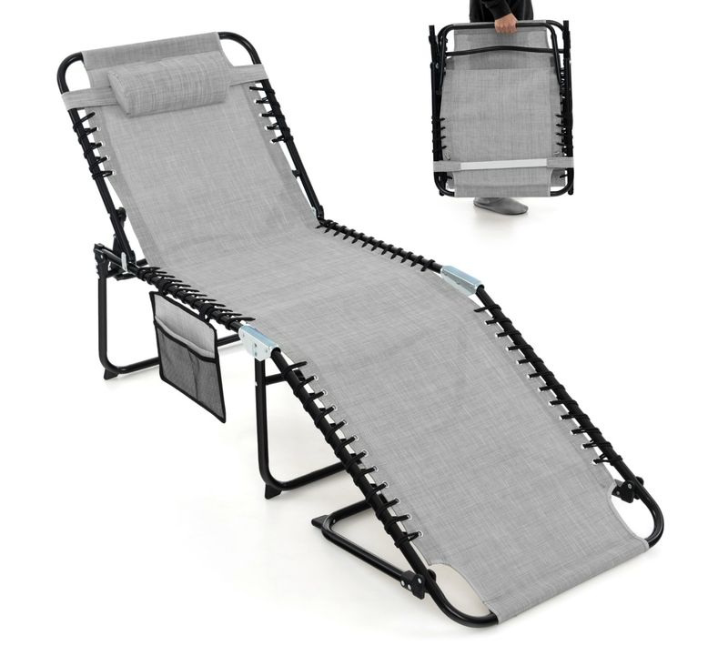 Transat Pliant, Bain De Soleil, Chaise Longue Réglable Avec Appuie-tête Amovible Gris