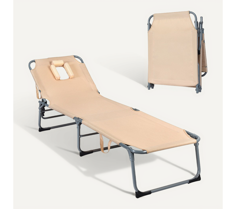 Transat, Bain De Soleil, Chaise Longue Pliante Avec Appuie-tête Et Dossier Réglable Beige