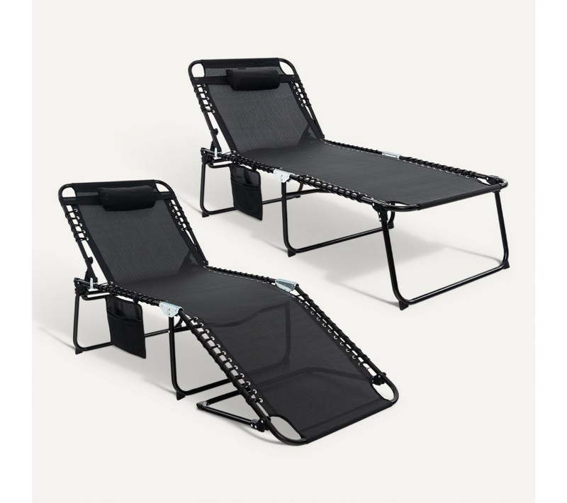 Transat, Bain De Soleil, Chaise Longue Pliante Avec Dossier Réglable Oreiller Amovible Poche Noir