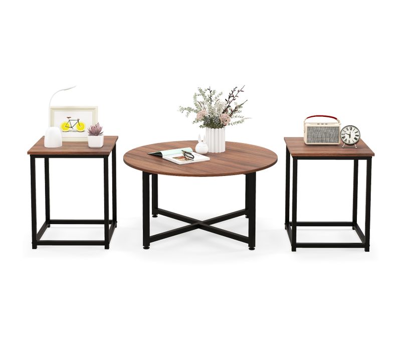 Ensemble 3 Pièces De Tables Basses Ronde Et 2 Tables D'appoint Carrées Cadre En Métal Robuste Noyer