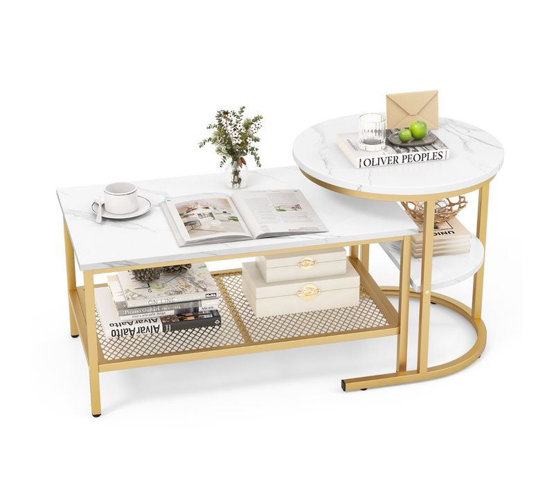 Lot De 2 Tables Basses - Tables De Salon Gigognes Scandinaves Repose-pieds Réglables Doré