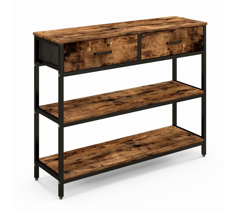 Table Console - Table D'entrée Industrielle Avec 3 Niveaux 2 Tiroirs 100x30x80cm Marron Rustique