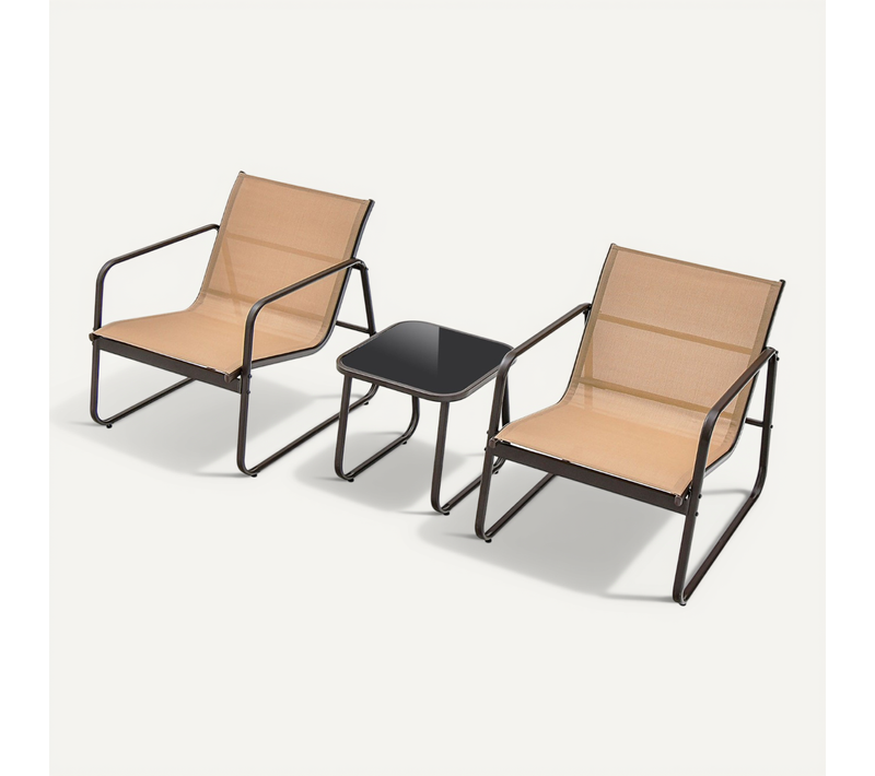 3 Pièces Salon De Jardin - Mobilier De Jardin En Textilène Anti-uv Table Basse En Verre Trampé