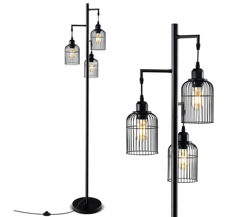 Lampadaire Moderne Lampadaire Industriel 169 Cm 3 Abat-jours En Forme De Cage Interrupteur Au Pied