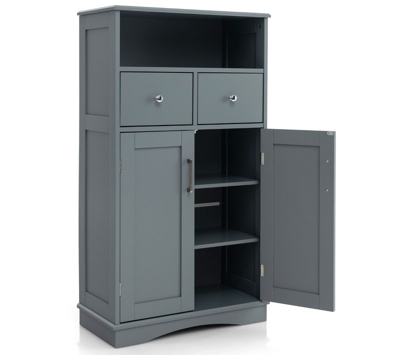 Meuble De Salle De Bain, Armoire Autoportante Avec 2 Portes 2 Tiroirs Et 2 Etagères Réglables Gris