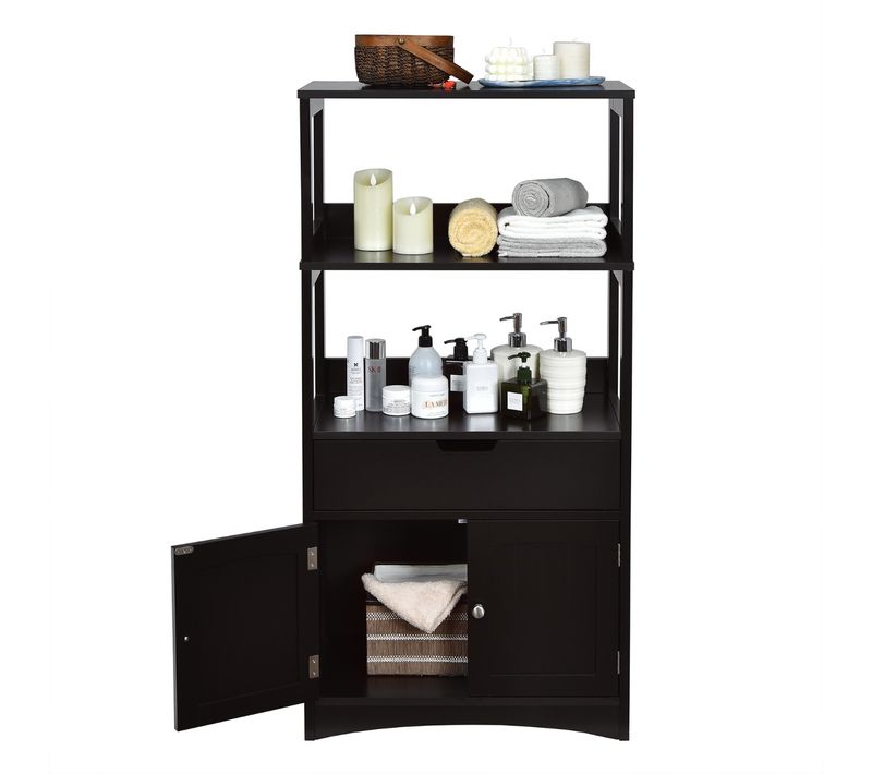 Meuble De Salle De Bain, Armoire Salle De Bain Avec Tiroir 2 Étagères Ouvertes Double Porte Noir