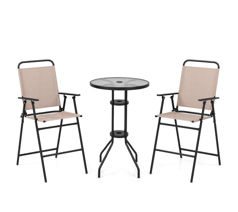 3pcs Salon De Jardin, Mobilier De Jardin 2 Chaises De Jardin Pliantes Table Basse Ronde En Verre