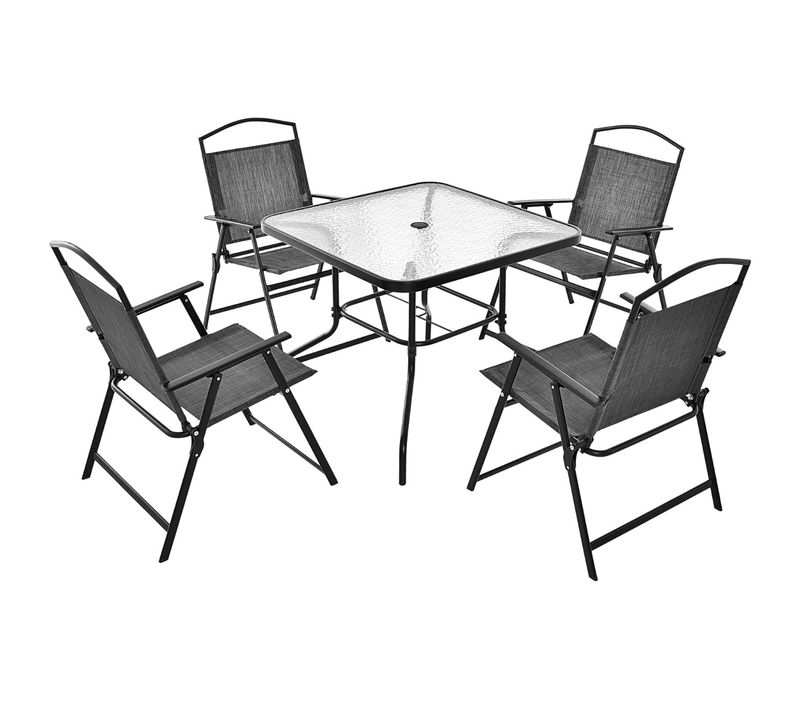 5 Pièces Salon De Jardin, Mobilier De Jardin Métal Et Textilène 4 Chaises De Jardin Pliables