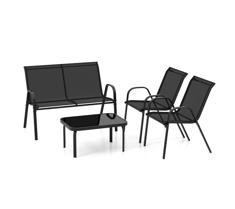 Ensemble Salon De Jardin, Mobilier De Jardin 4 Pièces 2 Fauteuils 1 Canapé 1 Table Basse En Verre