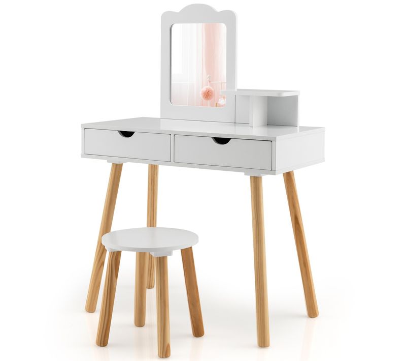 Coiffeuse Pour Enfants, Table De Maquillage Avec Tabouret Mignon En Bois Pour Enfants Avec Miroir