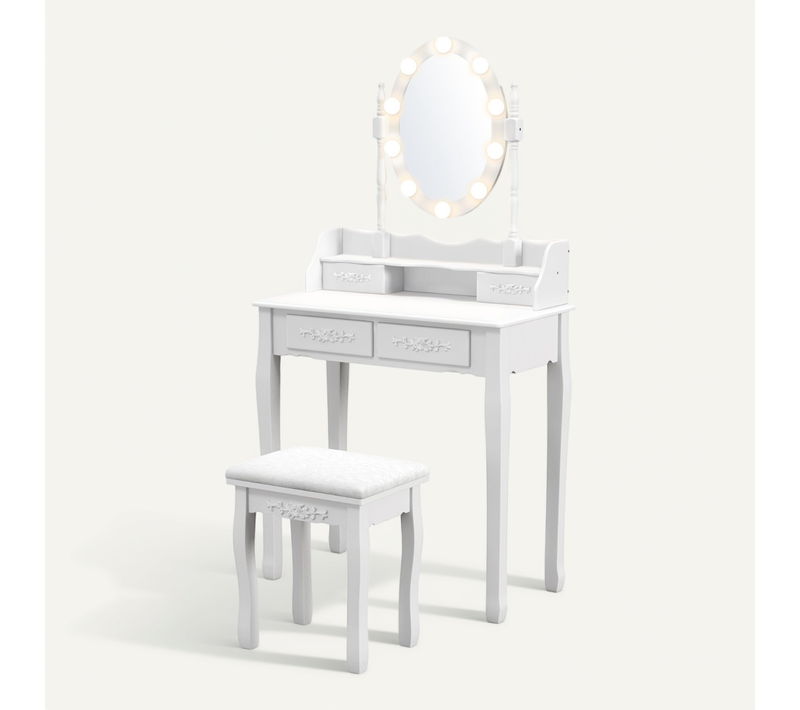 Coiffeuse Table De Maquillage Avec Tabouret Miroir Ovale 10 Ampoules Interrupteur Et 4 Tiroirs