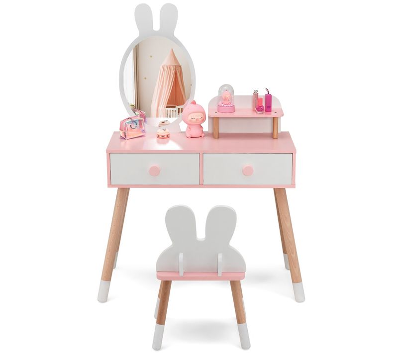 Coiffeuse Enfant, Table De Maquillage Avec Chaise Et Miroir En Forme Lapin 2 Tiroirs Roseetblanc