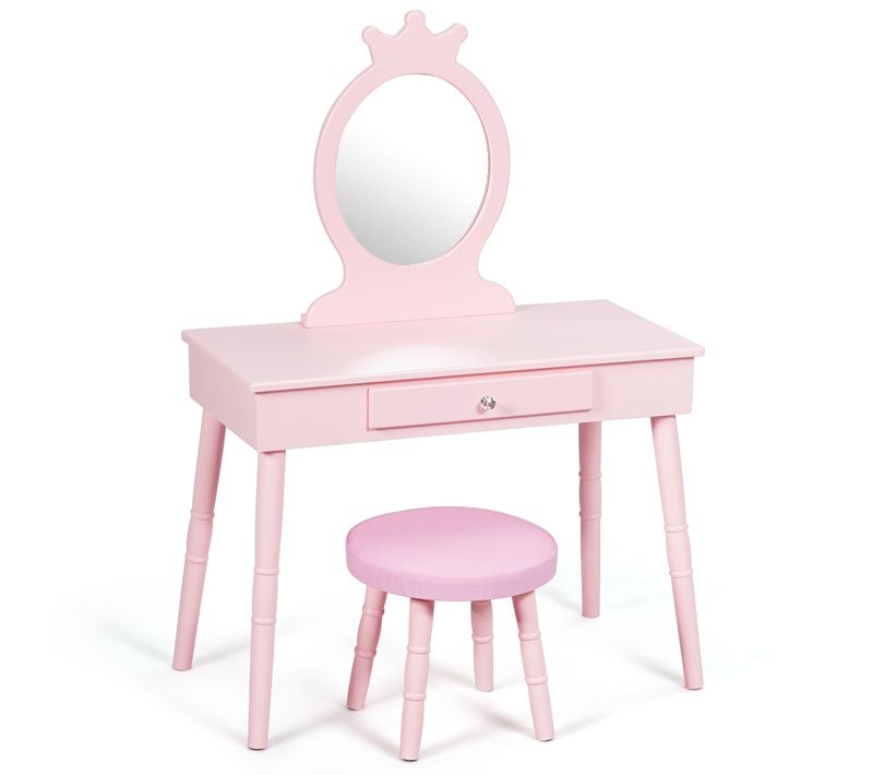 Coiffeuse Enfant, Table De Maquillage Avec Tiroir Et Tabouret Style Princesse Européenne Rose