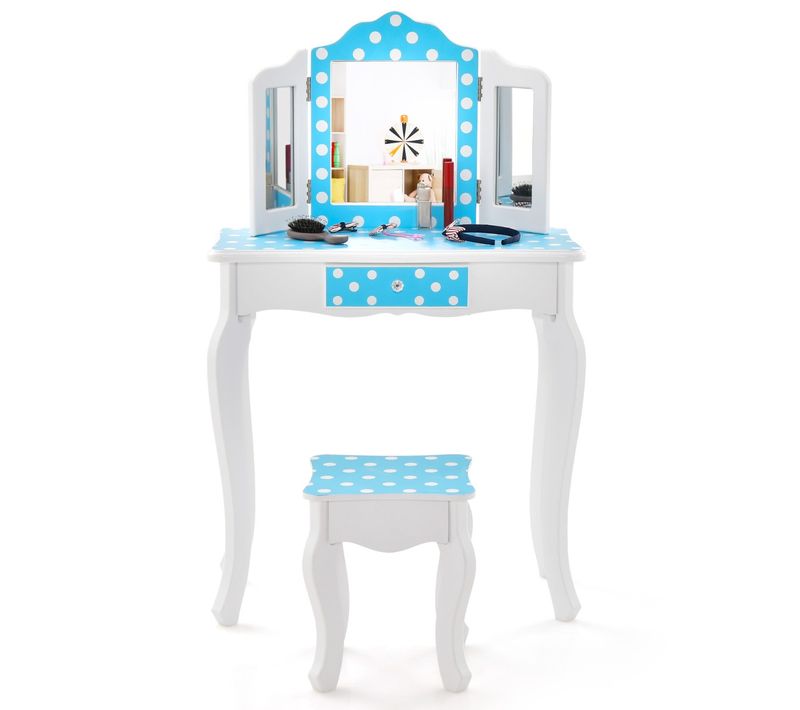Coiffeuse Enfants, Table De Maquillage Avec Miroir Amovible à 3 Volets Et Tabouret Avec Tiroir
