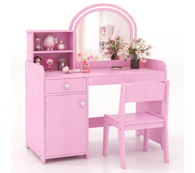 Coiffeuse Et Tabouret Pour Enfants Avec Miroir Et 120 Lumières LED Bureau Enfants Avec Chaise