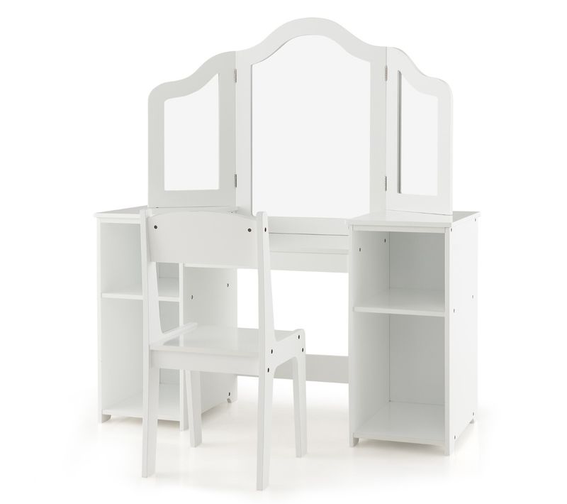 Coiffeuse Pour Enfants, Table De Maquillage 2 En 1 Avec Chaise Miroir Amovible à Trois Volets