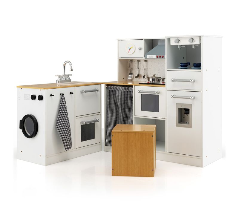 Cuisine D’imitation Enfants En Bois Avec Tabouret Et Machine à Laver Cafetière