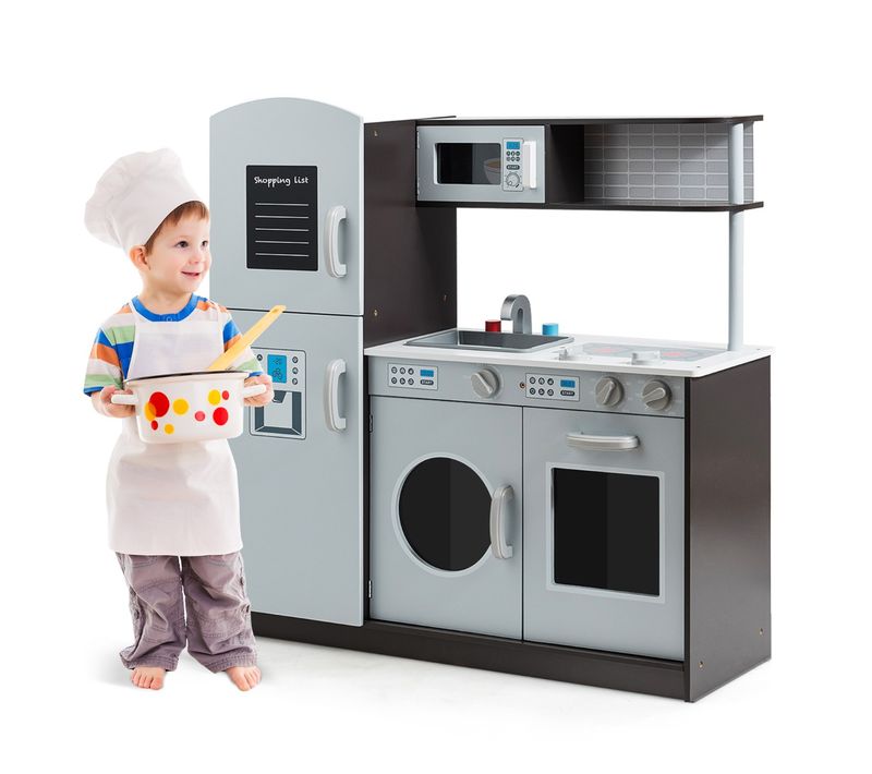 Cuisine Enfant En Bois Avec Sons Réel Jouet Cuisinière Avec Four Micro-ondes Réfrigérateur