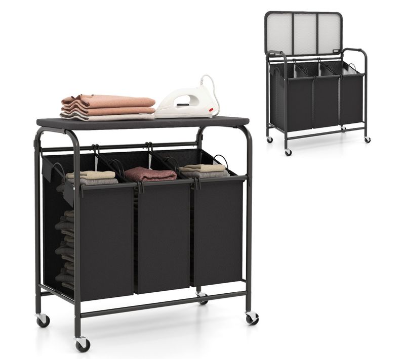 Panier à Linge Roulant à 3 Sacs Amovibles Avec Planche à Repasser Roulettes Verrouillables Noir