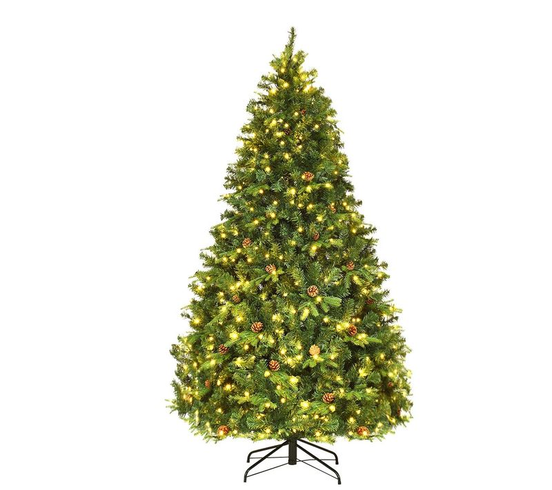Sapin De Noël - Arbre De Noël Artificiel 210cm61 Pommes De Pin, Lumières LED, Pied En Métal 50cm